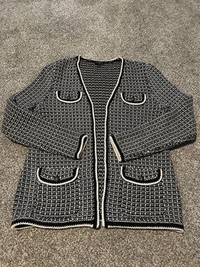Talbots Black and White Bouclé Trim Open Front Cardigan